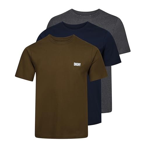 DKNY Herren T-Shirt in Marineblau/Weiß/Blau, Standardpassform mit Rundhalsausschnitt und markantem Logo - superweiche und Bequeme Loungewear aus 100% Baumwolle - Multipack mit 3 Stück. von DKNY