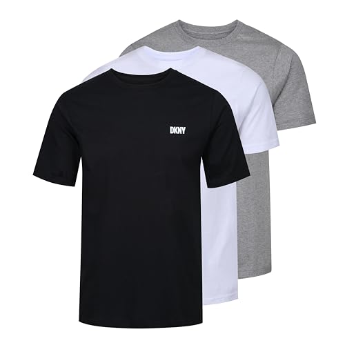 DKNY Herren T-Shirt in Schwarz/Weiß/Grau, Standardpassform mit Rundhalsausschnitt und markantem Logo - superweiche und Bequeme Loungewear aus 100% Baumwolle - Multipack mit 3 Stück. von DKNY