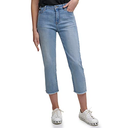 DKNY Rivington Comfort Stretch Slim Straight Leg Cropped Jeans with Raw Hem, Faded Blue, 25 von DKNY