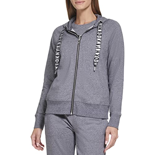 DKNY Women's Sport Metallic Two Tone Logo Drawcord Zip Hoodie Sweater, Black Heather, Medium von DKNY