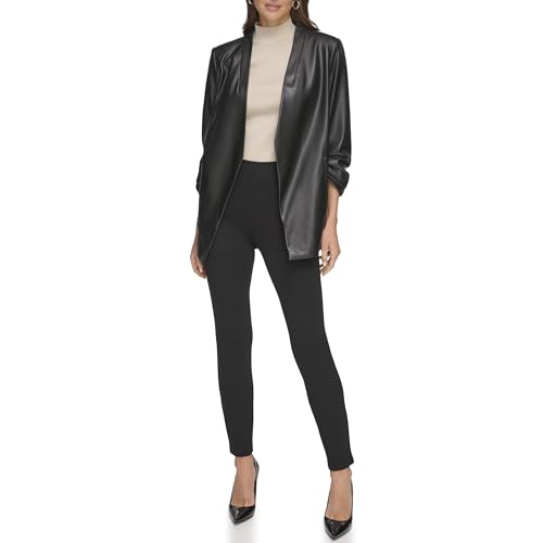 DKNY Women's 3/4 Ruched Sleeve PU Blazer, Black, S von DKNY