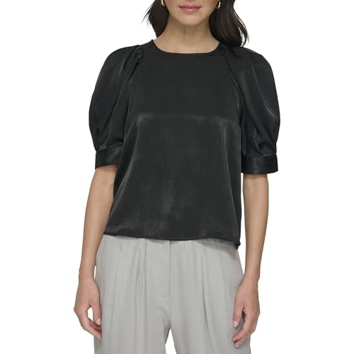 DKNY Women's 3/4 Sleeve Satin Blouse, Black, Large von DKNY