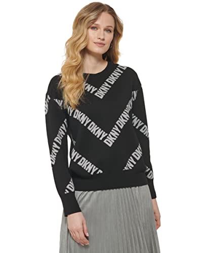 DKNY Women's Allover-Logo Long-Sleeve Crewneck Sweater Sweatshirt, Black/Flint Heather, XXS von DKNY