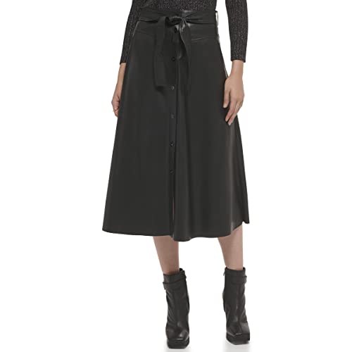 DKNY Women's Butter PU Button Front Tie Waist Midi Skirt, Black, 12 von DKNY