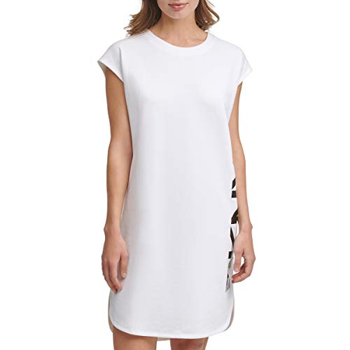 DKNY Women's Cap Sleeve Logo T-shirt Dress, White, L von DKNY