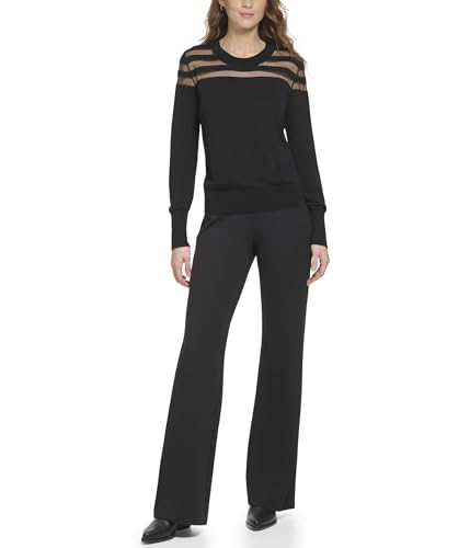 DKNY Women's Crewneck Sheer Mesh Yoke Stripe Sweater, Black, M von DKNY
