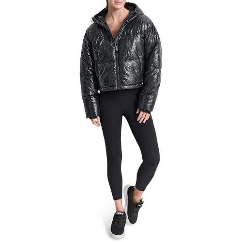 DKNY Women's Embossed Crosswalk Print Cropped Puffer Jacket, Black, S von DKNY