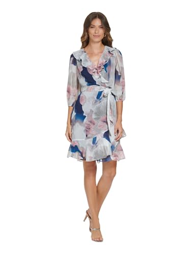 DKNY Women's Faux Wrap Long Sleeve Ruffle Neck and Hemline Oversized Floral Print Dress, Navy Multi, 32 von DKNY