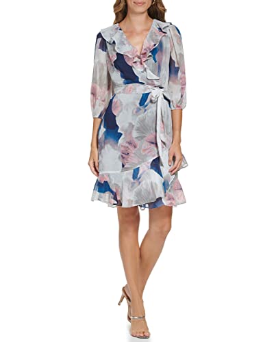 DKNY Women's Faux Wrap Long Sleeve Ruffle Neck and Hemline Oversized Floral Print Dress, Navy Multi, 46 von DKNY