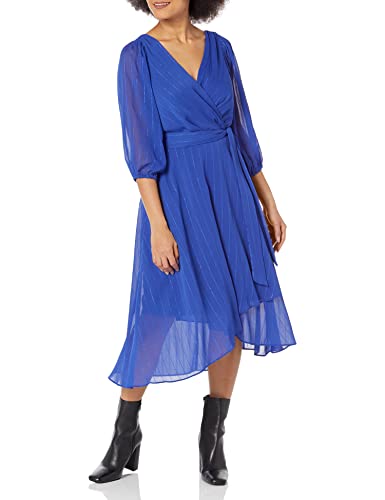 DKNY Women's Faux Wrap V-Neck 3/4 Balloon Sleeves Asymetric Hemline Midi Dress with Silver Lurex Stripes, Deep Cobalt Blue, 44 (DE) von DKNY