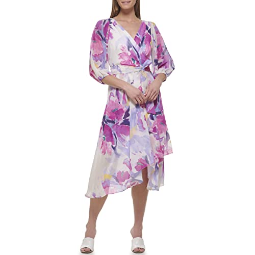 DKNY Women's Floral Print Faux-wrap V-Neck Tie-Waist 3/4 Balloon Sleeve Chiffon Midi Dress, Cream/Raspberry, 40 von DKNY