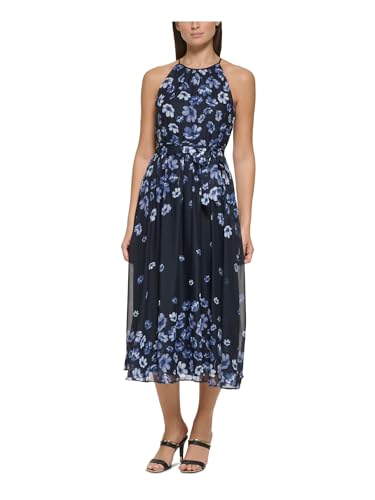 DKNY Women's Floral Print Halter Neck Sleeveless Tie Waist Fit&Flare Chiffon Midi Cocktail Dress, Navy Multi, 34 von DKNY