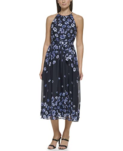 DKNY Women's Floral Print Halter Neck Sleeveless Tie Waist Fit&Flare Chiffon Midi Dress, Navy Multi, 42 von DKNY