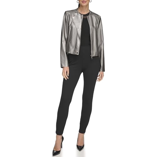 DKNY Women's Gunmetal Pu Moto Faux Leather Jacket, XS von DKNY