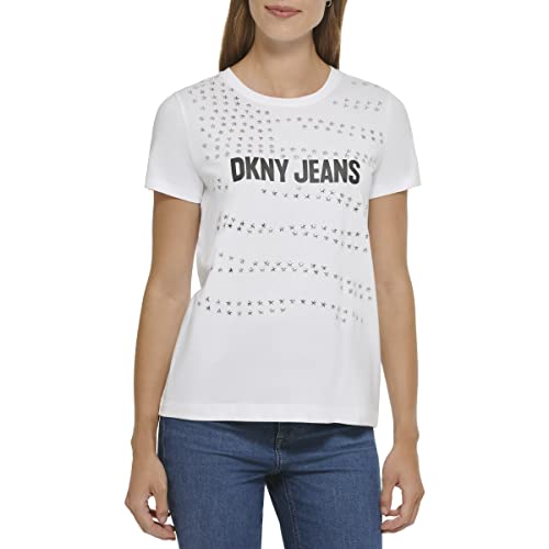 DKNY Women's Jeans Logo T-Shirt with All Over Stud Detailing, White, XS von DKNY