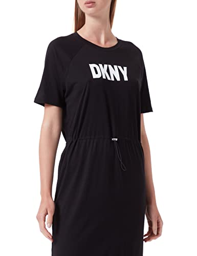 DKNY Women's Logo Drawstring Waist Dress with Short Sleeves in Cotton Modal, Black, M von DKNY