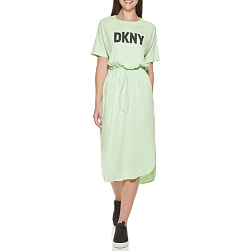DKNY Women's Logo Drawstring Waist Dress with Short Sleeves in Cotton Modal, Lazer, M von DKNY