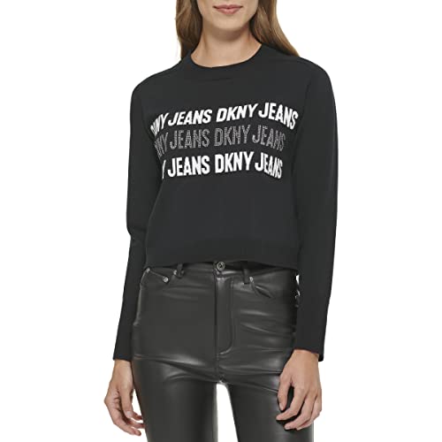 DKNY Women's Long Sleeve Crewneck Studs Jeans Logo Sweater, Black, L von DKNY