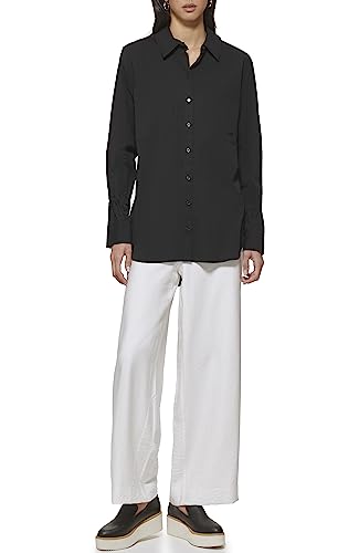 DKNY Women's Long Sleeve Slub Poplin Top, Black, M von DKNY