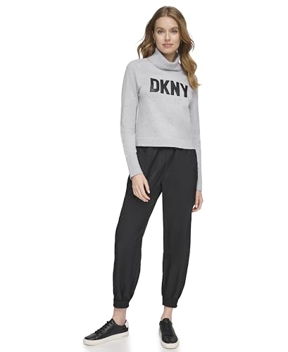 DKNY Women's Long Sleeve Turtle Neck Logo Sweatshirt, Steel Gray Heather/Black, Medium von DKNY