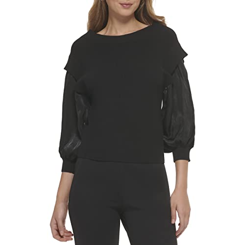 DKNY Women's Mixed Media 3/4 Balloon Sleeve Rib Knit Top Shirt, Black/Black, Small von DKNY