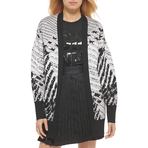 DKNY Women's Open Front Drop Shoulder Checked Cardigan, Black/Ivory/Heather Grey, L von DKNY