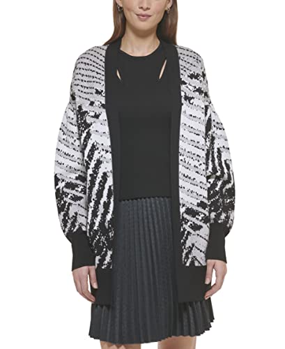 DKNY Women's Open Front Drop Shoulder Checked Cardigan, Black/Ivory/Heather Grey, M von DKNY