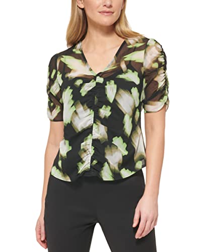 DKNY Women's Printed Blouse with Ruched Front and Short Sleeves in Crinkle Chiffon, Black / Lazer / Ivory, M von DKNY