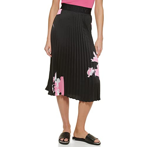 DKNY Women's Printed Pull-on Pleated Midi Skirt, Black / Fresh Pink, M von DKNY