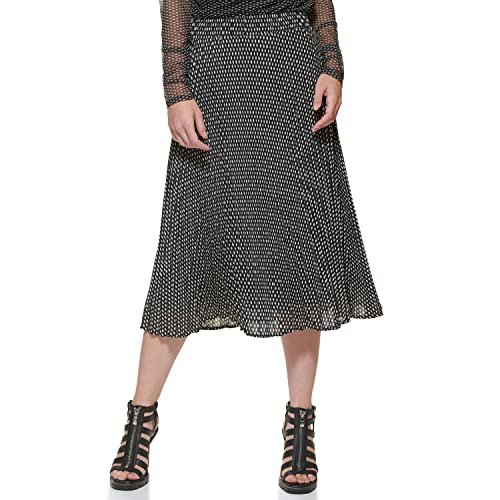 DKNY Women's Printed Pull-on Pleated Skirt in Ribbed Knit, Black / Ivory, M von DKNY