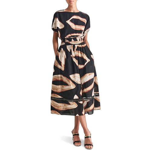 DKNY Women's Printed Voile with Stud Mesh Details Top T-Shirt, Wavering Leaf, M von DKNY