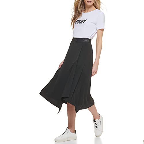 DKNY Women's Pull-on Asymetric Overlay Skirt with Logo Waisteband in Matte Jersey, Black, S von DKNY