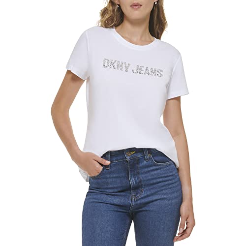 DKNY Women's Rhinestone Logo T-Shirt, White/Silver, S von DKNY