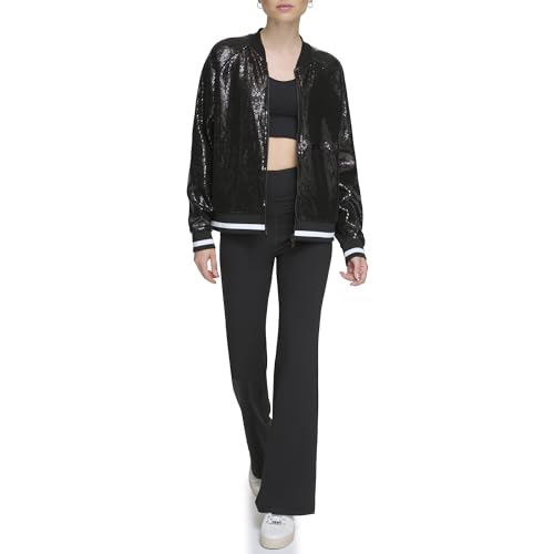 DKNY Women's Sequin Full Zip Bomber, Black, S von DKNY