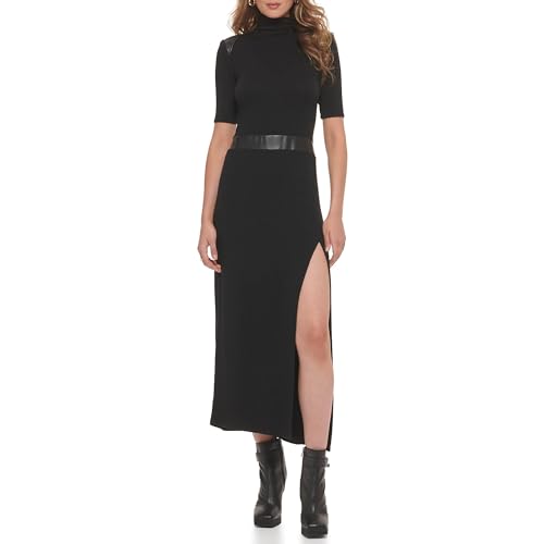 DKNY Women's Short Sleeve Mock Neck Maxi Dress with PU Details, Black, L von DKNY