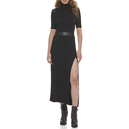 DKNY Women's Short Sleeve Mock Neck Maxi with PU Details Dress, Black, X-Small von DKNY