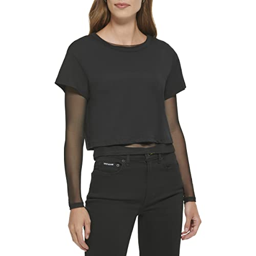 DKNY Women's Short Sleeve T-Shirt with a Twofer Long Sleeve Mesh Top, Black, S von DKNY