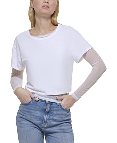 DKNY Women's Short with a Twofer Long Sleeve Mesh Top T-Shirt, White, Small von DKNY