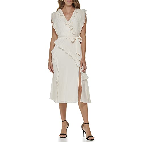 DKNY Women's Sleeveless Midi Dress with Ruffled Trim and V-Neck in Silver Lurex Striped Chiffon, Cream, 6 von DKNY