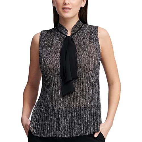 DKNY Women's Sleeveless Pleated TOP with TIE Neck, Black/White, M von DKNY