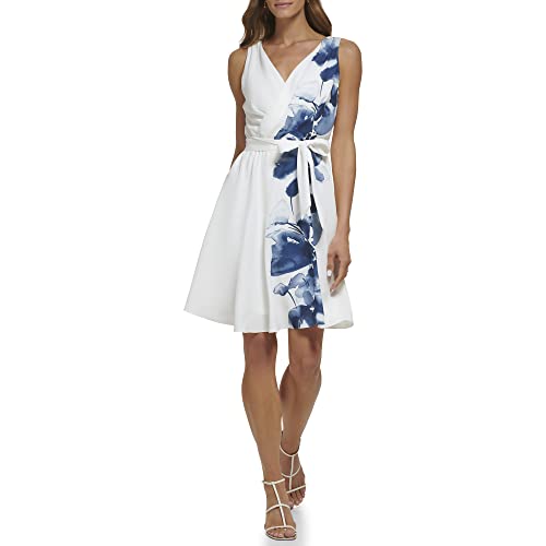 DKNY Women's Sleeveless V-Neck Belted Floral Dress, Ivory/Navy,42 von DKNY