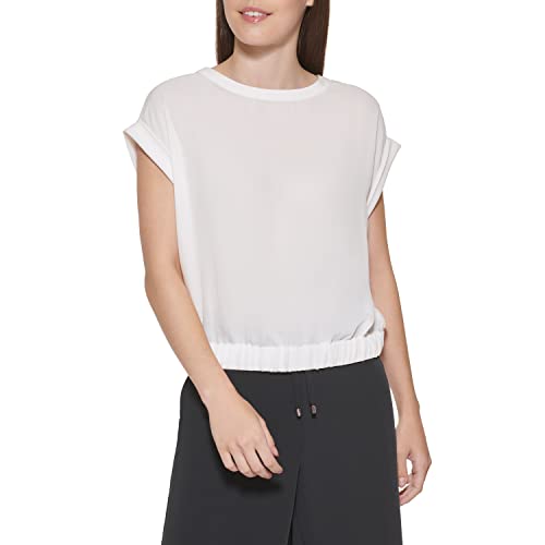 DKNY Women's Top with Elastic Bottom and Short Sleeves in Crinkle Crepe, Ivory, XS von DKNY