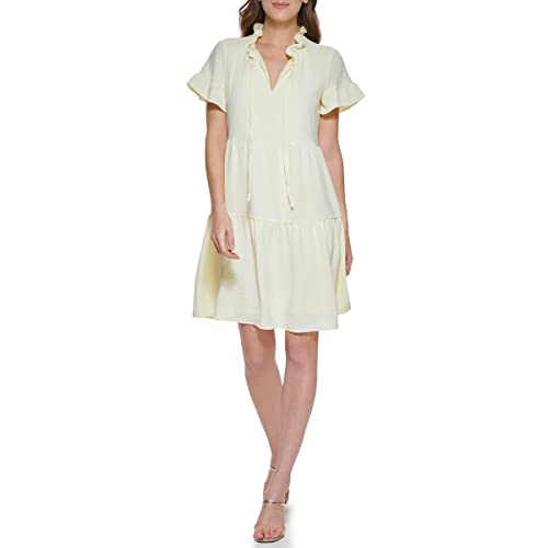 DKNY Women's Trapeze Dress with Ruffle Neck and Short Tiered Sleeves, Yellow Diamond, D 32(Herstellergröße: 2) von DKNY