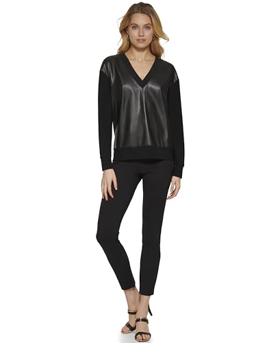 DKNY Women's V-Neck Faux Leather Front Knit Top Sweatshirt, Black, L von DKNY
