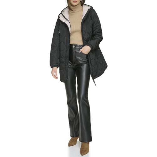 DKNY Women's Zip Front Quilted Coat with Hood Quilt, Black, 32 von DKNY