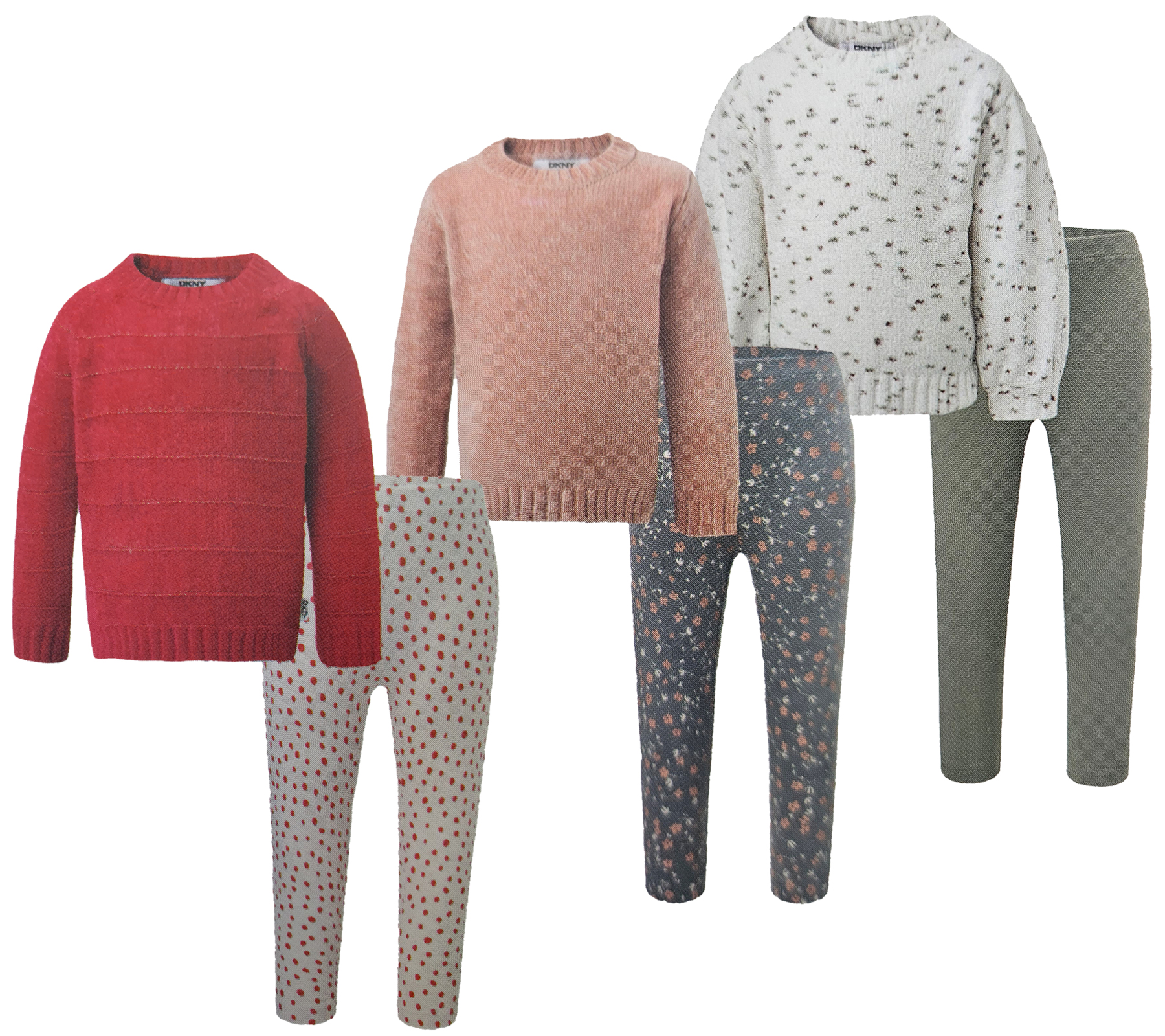 DKNY zweiteiliges Kinder Chenille-Set bestehend aus Sweatshirt und Leggings mit Effektgarn Pullover und Hose für Mädchen Kleinkind 1527280 Rosa/Grau, Weiß/Grün oder Rot/Weiß DKNY zweiteiliges Kinder Chenille-Set bestehend aus Sweatshirt und Leggings mit Effektgarn Pullover und Hose für Mädchen Kleinkind 1527280 Rosa/Grau, Weiß/Grün oder Rot/Weiß von DKNY