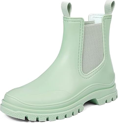 DKSUKO Damen Kurze Regenstiefel Gummi Wasserdicht Gartenstiefel Elastisch Slip On Knöchel Chelsea Boot Mode Isolierter Regenschuh für Outdoor Arbeit Dicke Sohle, Mintgrün, 37.5 EU von DKSUKO