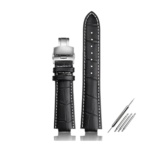 DKWOIS Armband aus echtem Leder mit Schmetterlingsverschluss, kompatibel mit Louis Vuitton Tambour Q1121 Herren Damen Q114k LV Rindslederarmband 21,12 mm 18,10 mm(Black white silverB,18.10mm) von DKWOIS