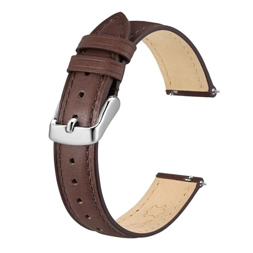 DKWOIS Damen-Uhrenarmband, 12 mm, 14 mm, 15 mm, 16 mm, 18 mm, 20 mm, Leder-Uhrenarmband, Schnellverschluss, Ersatzarmband(Brown-Silver Buckle,20mm) von DKWOIS