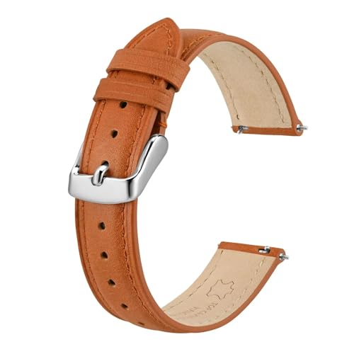 DKWOIS Damen-Uhrenarmband, 12 mm, 14 mm, 15 mm, 16 mm, 18 mm, 20 mm, Leder-Uhrenarmband, Schnellverschluss, Ersatzarmband(Orange-Silver Buckle,17mm) von DKWOIS